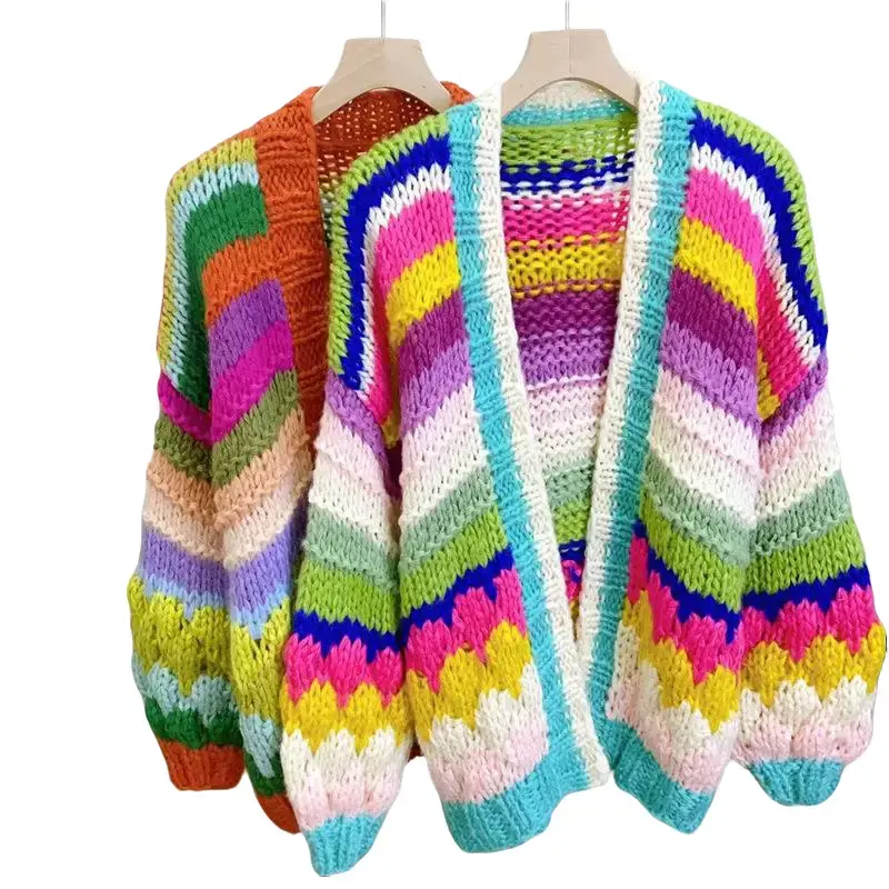 MIAO Women's Handknitted Sweater Colorful Cardigan Without Buttons utfits Y2K  V-neck  Crochet Design Cozy Fashion  Knitwear Knitting Tops Long Sleeve