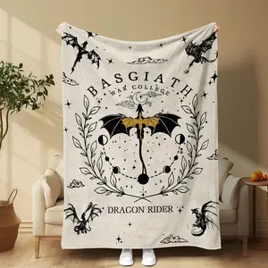 Basgiath War College Dragon Rider , Fourth Wing Inspired Fantasy Throw ,Dragon Pattern , Slogan Print , Cozy Fleece Bedding for Sofa Couch Bed Anime-Inspired Flannel Blanket