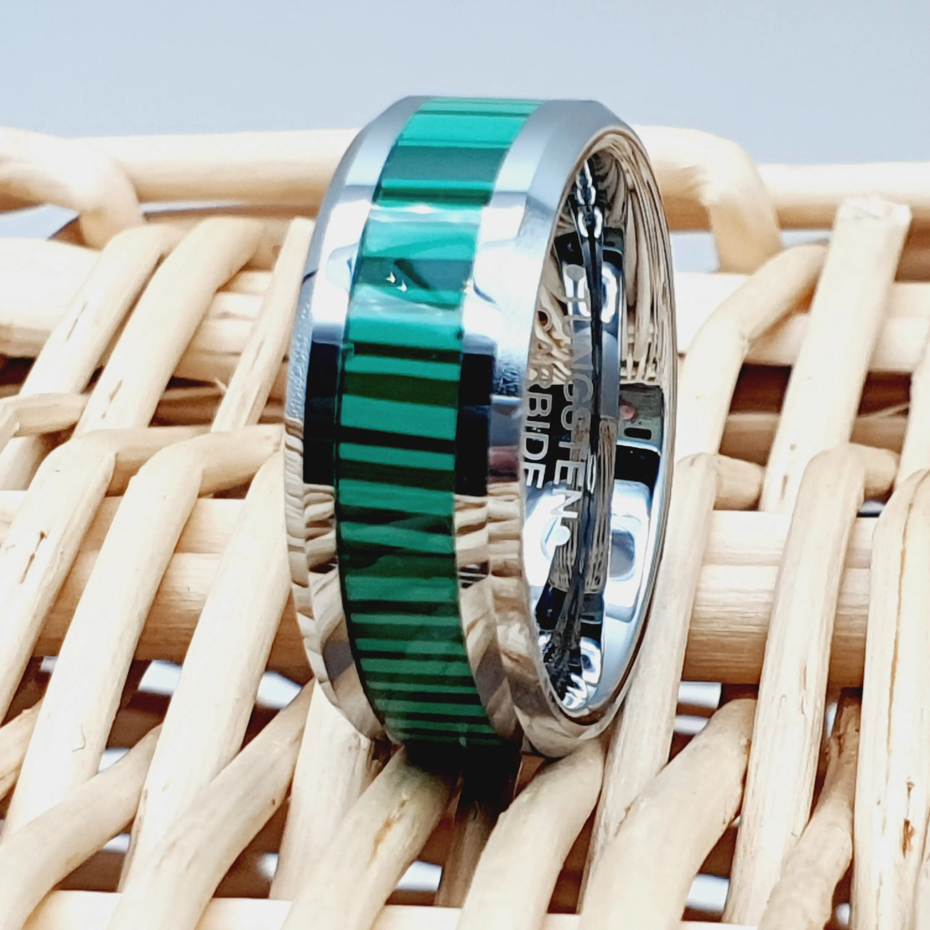 Mens Engagement Ring with Malachite Strips Inlay Tungsten Wedding Ring - Anniversary Gift for Him or Her