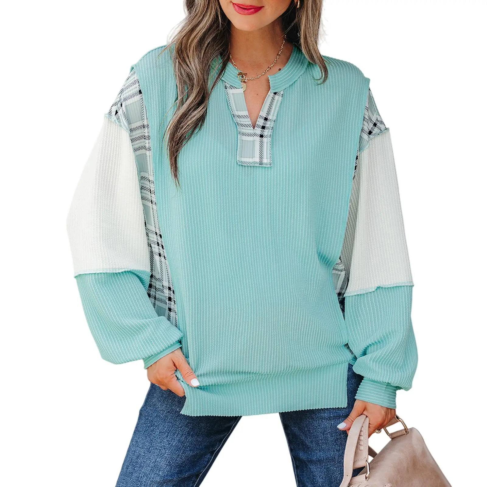 Asvivid Women's Casual Plaid Blouse, Cute Colorblock Patchwork Top with Corded Texture and Split Neck, Long Sleeve for Everyday Fall Fashion