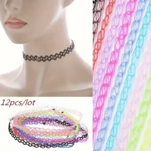 12pcs/set FashionPunk Gothic  lace collar fishing line elastic necklace， Black Tattoo Choker For Girls, Party Favors