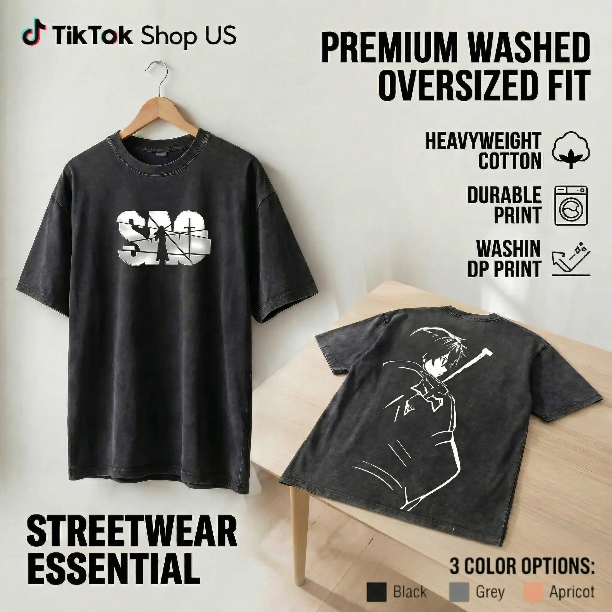 Sword Art Online Kirito SAO B&W Edition Japanese Anime Y2K Oversized Acid Washed T-Shirt – Double Print Vintage Graphic Tee, Unisex Streetwear Manga Otaku Lover