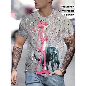 Men'S 3D Print Fashion T-Shirt - Casual Crew Neck, Regular Fit, Vibrant Pink & Black Design with Frog & Leopard Print, Lightweight & Breathable for Casual Attire, Novelty T Shirt, Leopard Print Shirt, Comfortable Fit Shirt