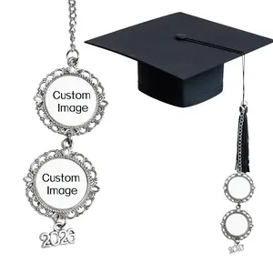 AiM 2 Pack Custom Memorial Graduation Cap Photo Charm Class of 2026 Tassel Charms Memorial Ceremony College Gift DIY Photo Chain Wear on Cap for Graduation (Silver)