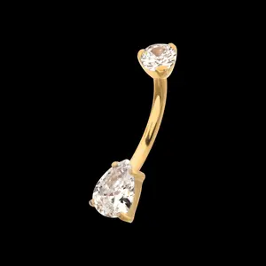 24Kt Gold PVD Titanium Internally Threaded Double Gem with Prong Set Teardrop Fixed Bottom Navel