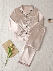 Champagne Color Button Front Satin Pajamas for Women, Long Sleeve Soft Top and Elastic Waist Pants, Casual All Seasons Sleepwear Loungewear