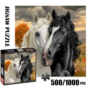1pc 1000 piece adult puzzle 58x58cm White and Black Horses in a Scenic Landscape 500 pieces of paper puzzle, suitable for adults and families, large-scale DIY puzzle interactive toy games, birthda