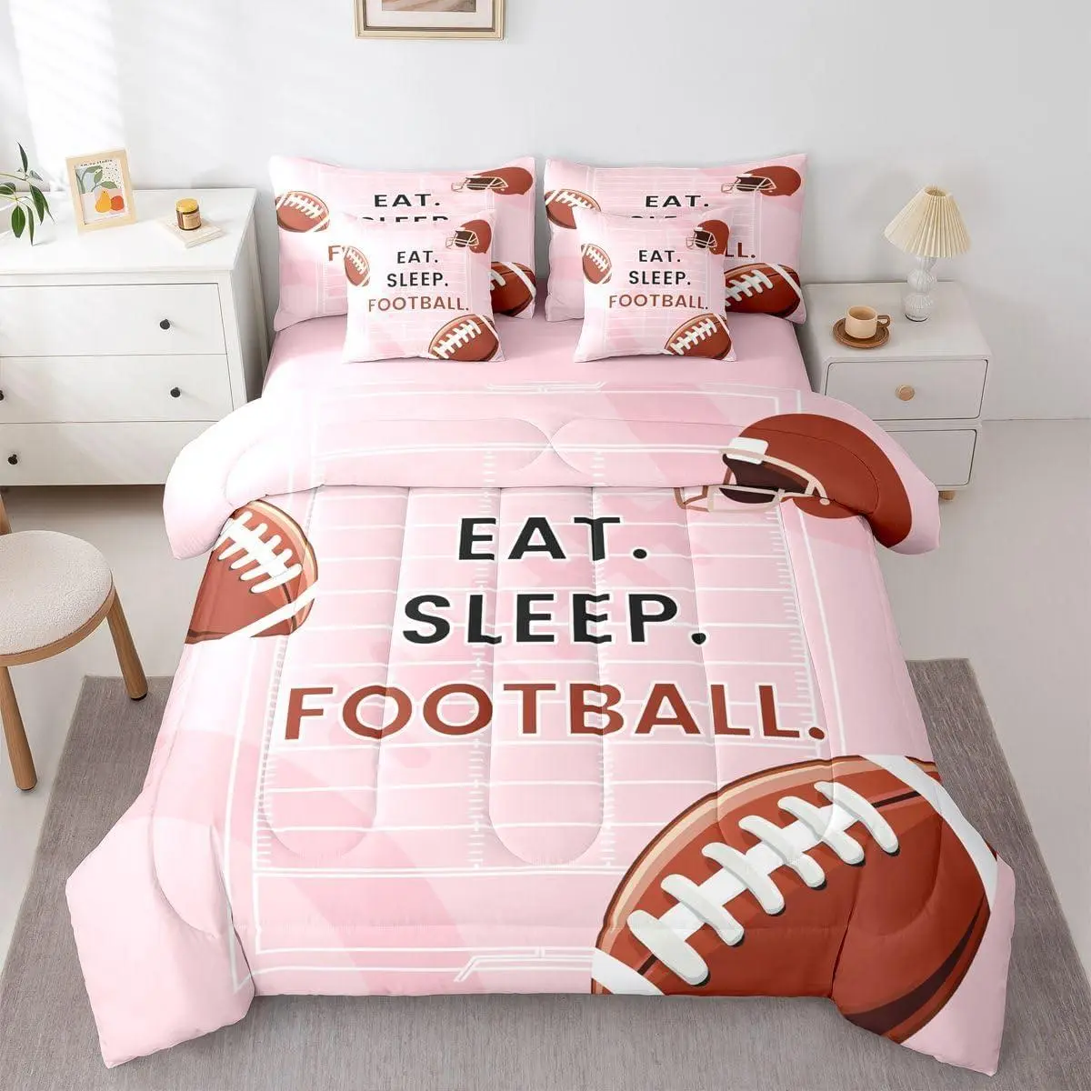Pink Rugby Comforter Set with Sheets 7 Piece Football Themed Bed in A Bag Modern Ball Sports Bedding Set,for Women Men Fashion Rugby Field Helmet Bed Set