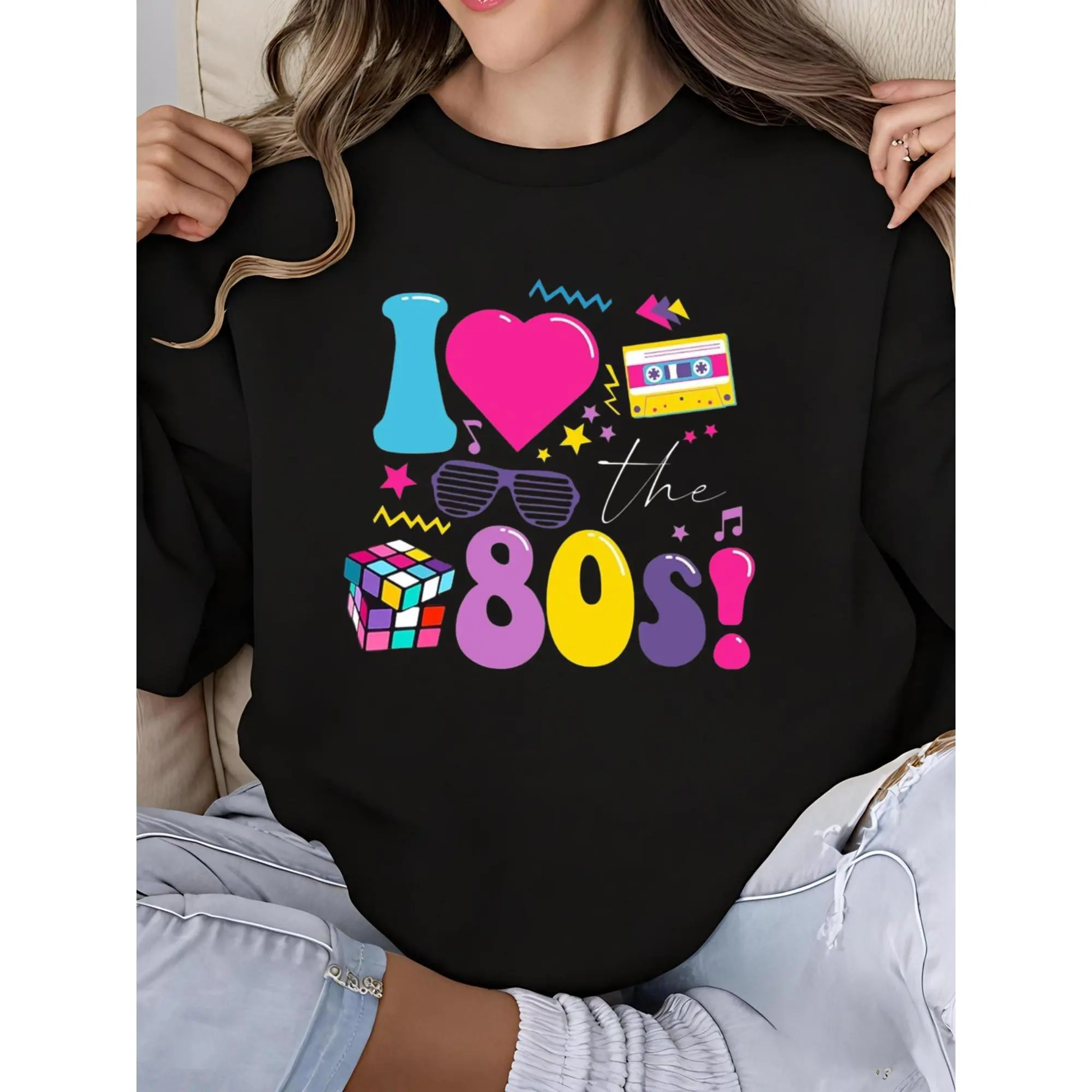 80s Vintage Sweatshirt for Women I Love The 80's Long Sleeve Crew Neck Graphic Print Hip Hop Party Outfit 1980s Themed Birthday Gift Casual Streetwear