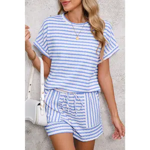 Sky Blue Striped Print Short Sleeve Top and Pocket Shorts Set
