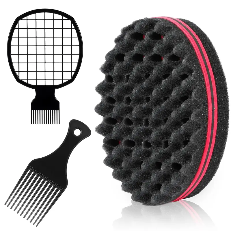 Black Men's 3-Piece Styling Kit - Coily Hair Tool with Brush, Comb Styler, Metal Afro Pick, Grid Comb for Curly Hair, Beginner Dread, Build Texture