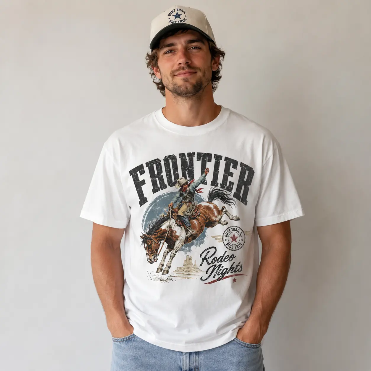 Men's Frontier Rodeo Nights Graphic T-Shirt, White Short Sleeve Crew Neck Tee, Vintage Bucking Horse Cowboy Western Print, Rustic Ranch Streetwear Top, Gift for Rodeo Fans