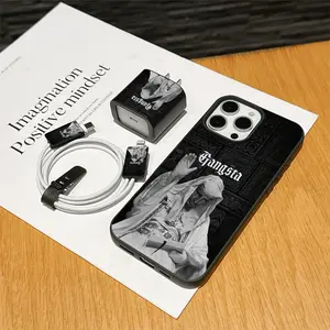 5-Piece Set Illustrative Gangster Phone Case Pattern, Charger Head Cover, Cable Protector, Storage Rope, Data Line Protection for iPhone