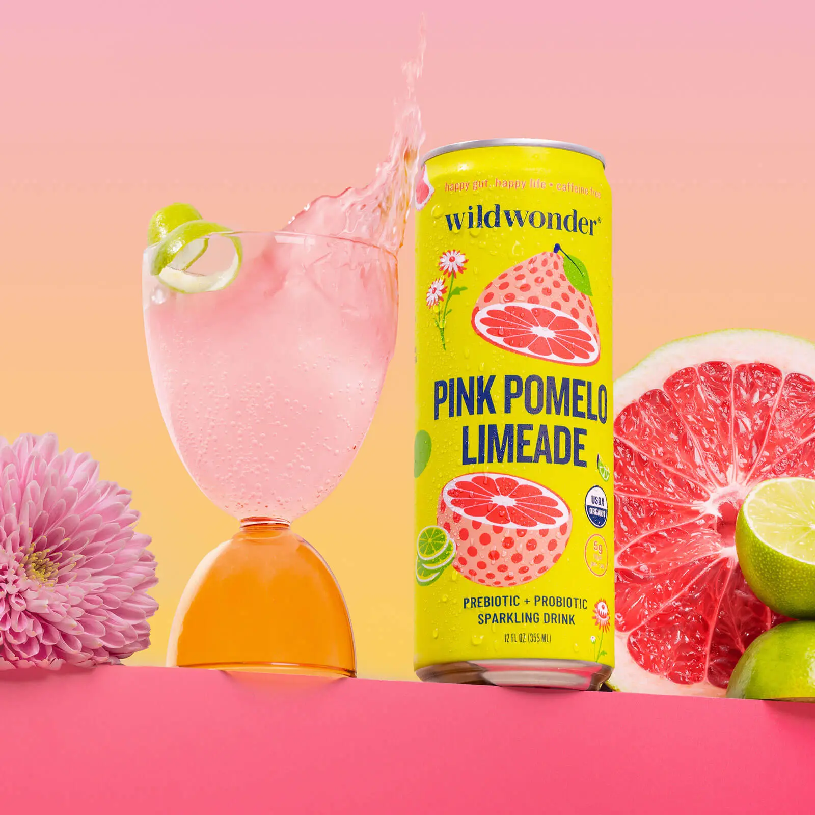wildwonder Sparkling Probiotic Drink For Gut Health & Immune Support, Pink Pomelo Limeade, 5g Prebiotic Fiber, Live Probiotics, Organic, Vegan, Low Sugar, 12oz Can, As Seen on Shark Tank,summerwins