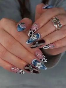 Handmade Denim Western Press On Nails, Star Charms and Cow Print Nail Set, Silver Buckles & Blue Brown Tones