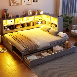 Twin XL to King Size Daybed with Trundle and Two Storage Drawers, Storage Cabinets LED Light and USB Ports, No Box Spring Needed, Gray