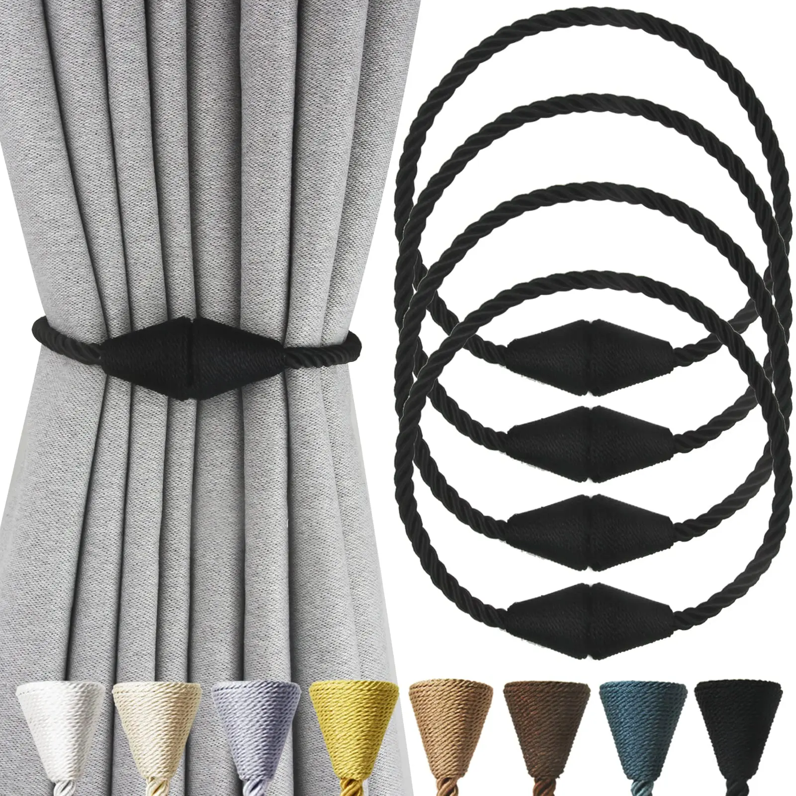 4 Pack Magnetic Curtain Tiebacks Rope, Decorative Handmade Curtain Holdbacks, Modern Black Drape Tie Backs for Window Home Decor