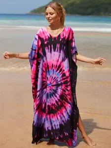 Plus Size Tie Dye Batwing Sleeve Woven Kaftan, Boho V Neck Split Thigh Dress, Beach Summer Casual Wear Clothes, Women's Clothes