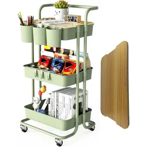 3 Tier Rolling Cart with Metal Handle, Table Top,  Cups, Hooks, Plastic Storage Baskets& Wheels Lockable, Utility Cart for Bathroom Classroom Office Kitchen Pantry Organizers and Storage, Green