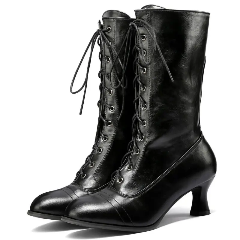 Women's Chunky Kitten Heel Pointed Toe Lace Up Boots Low Heel Pointed Toe Fall Winter Dressy Shoes Lace Up Comfortable Walking Mid Boots