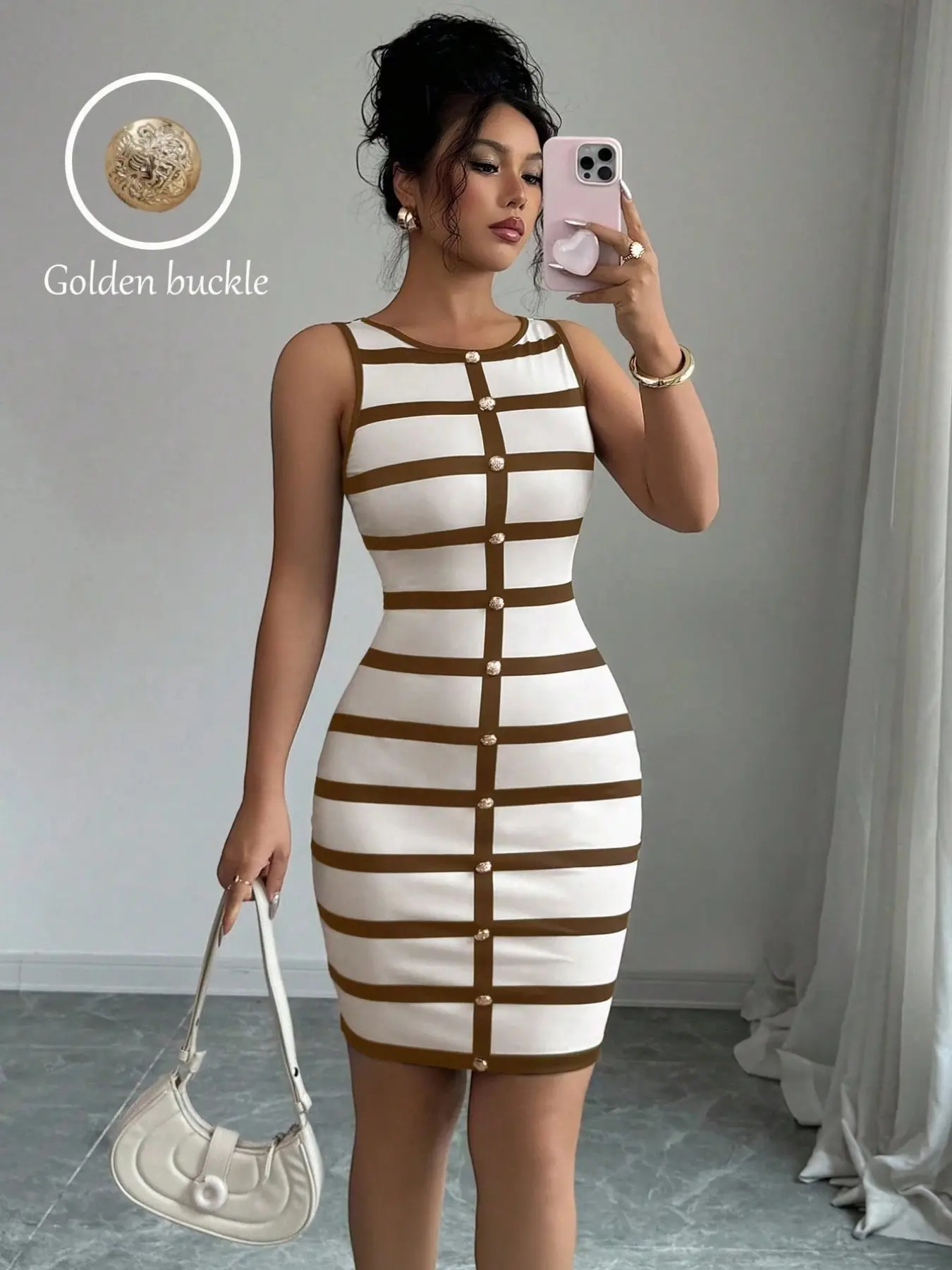 Women's Slim Fit Striped Casual Fashionable Dress, Womenswear Button Detail Sleeveless Mini A-Line Dress, Perfect for Daily Wear & Special Occasions