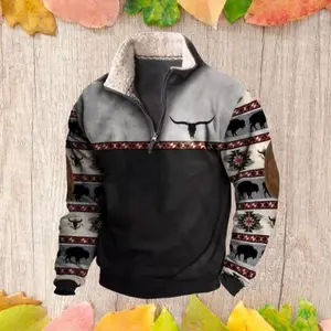 Men's Western Jacket Cowboy Bull Head Print Pullover 1/4 Zip Stand Collar Casual Fashion Long Sleeve Sweatshirts Hoodie Menswear Graphic Cotton Coats