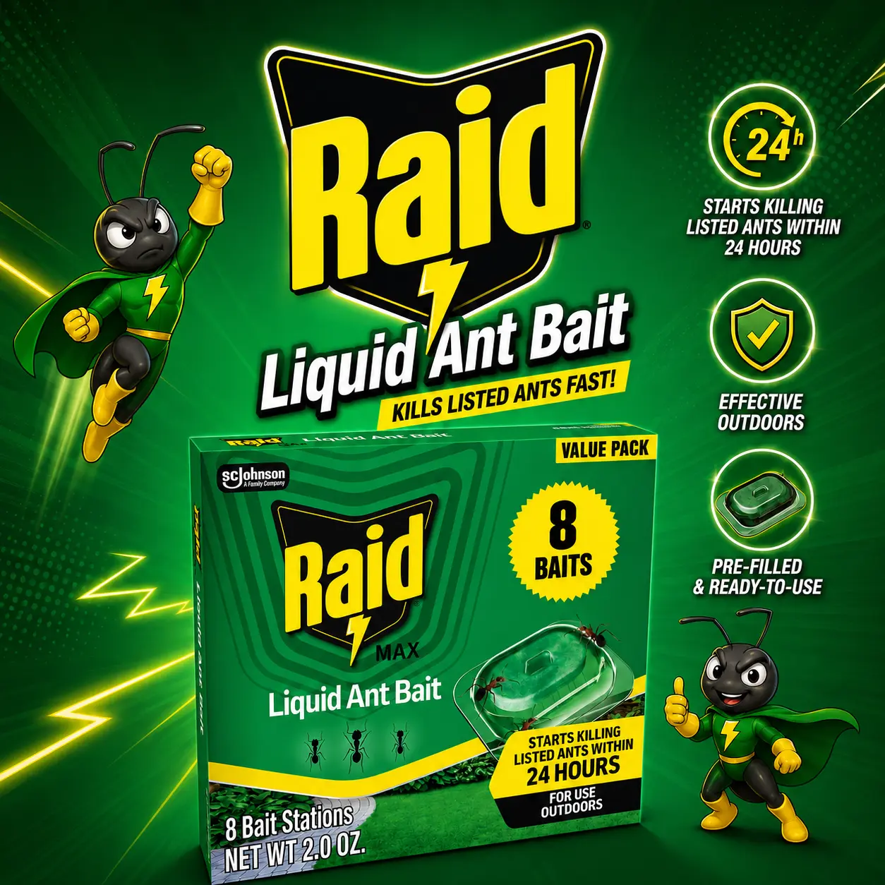 Raid Outdoor Liquid Ant Bait, Starts Killing Listed Ants Within 24 Hours, Effective Outdoors, Pre-Filled and Ready-to-Use, 8 Bait Stations Per Pack, 2 fl oz