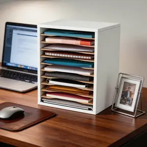 Vertical Desktop Organizer Rack with 11 Slots, Adjustable PVC Paper Classification Shelf, Mail Sorting Holder for Home Office