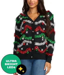 Women's Midnight Garland Light Up Christmas Cardigan Sweater Women's Midnight Garland Light Up Christmas Cardigan Sweater