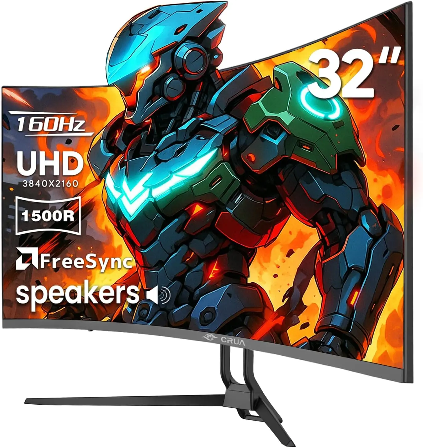 CRUA 32" Curved Screen Gaming Monitor for PC/Laptop Gamers, 4K UHD, 160Hz, 1500R, AMD FreeSync Sync, Gaming Focus, Black