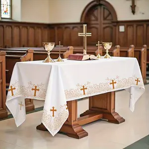 1PC elegant white rectangular tablecloth with golden cross and grapevine print - perfect for first communion, baptism, Christmas and Easter church ceremonies - indoor/outdoor use, holiday tablecloth Decoration