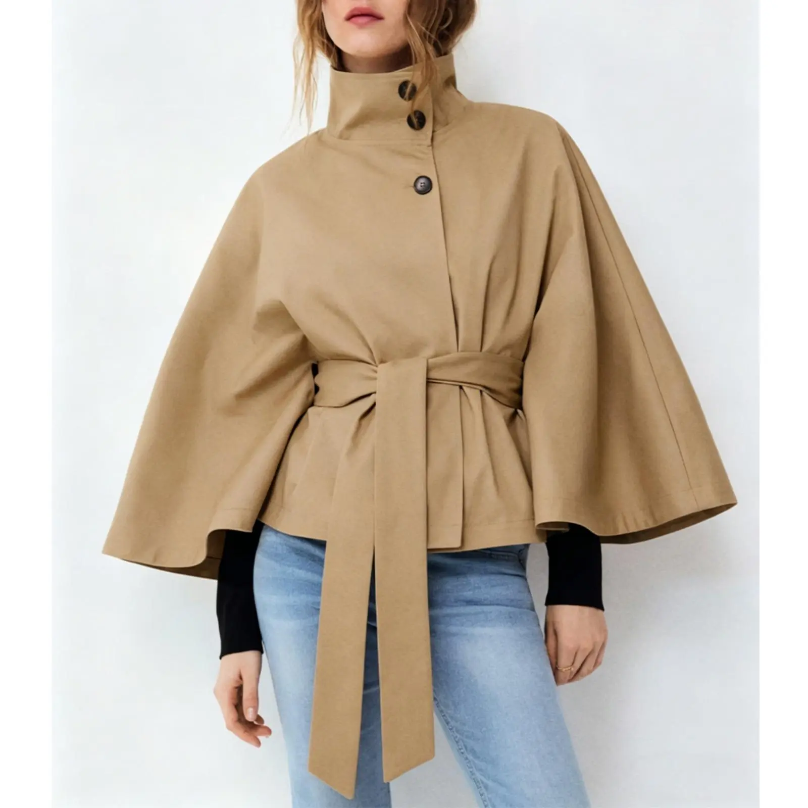 Cicy Bell Women's Fashion Longsleeves Basic Drape Cropped Trench Coat - Cape Sleeve, Stand Collar, Belted, Half Button-Down, Loose Fit, Cinched Waist, Fall Evening Outerwear Piece (Style-Infused, Jeans-Matching)