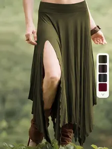 Drawstring Waist Asymmetrical Hem Skirt, Casual Waist Split Skirt &, Women's Clothing