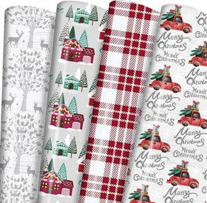 Christmas Wrapping Paper Folded 12 sheets for Kids Adults, 20 x 29 Inches Gift Wrap Paper Plaid, Barn, Red Truck, Moose, Woodland Scenes Designs