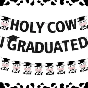 Cow Graduation Banner Holy Cow I Graduated Banner, Congrats Graduation Decoration with Black Cap Pre-Assembled Class of 2026 Party Decoration Supplies for High School College