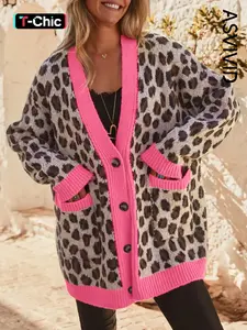 Women's Casual Leopard Print Color Block Trim Button Down Drop Shoulder Oversized Knitwear Cardigan Sweater, Long Sleeve for Spring & Fall
