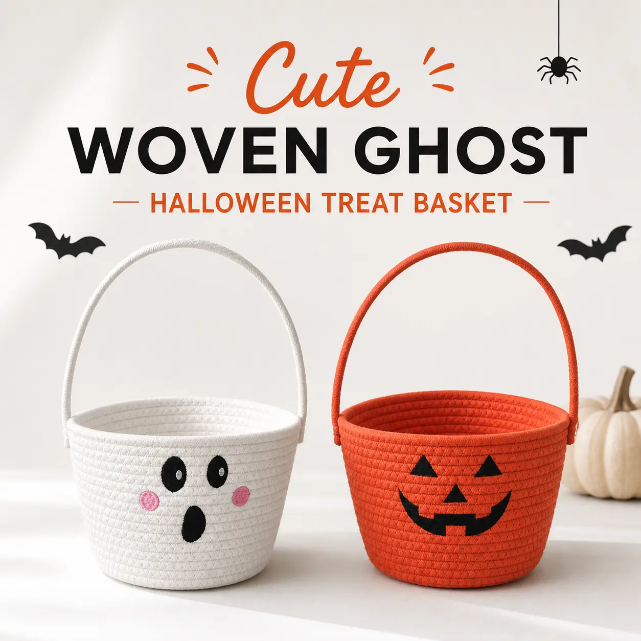 Woven Ghost Halloween Treat Basket Embroidered Boo Ghost Design Portable Handheld Bucket Halloween Party Favor Candy Storage Accessory