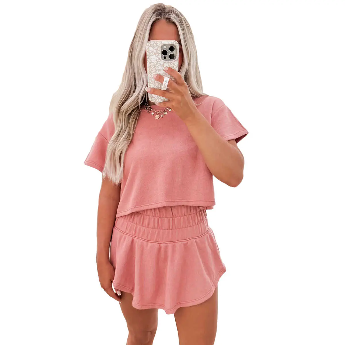 Women's 2-Piece Casual Skort Set - Short-Sleeve Crew Neck Cropped Tee, Ruffle High-Waist Skort, Cotton-Elastane-Polyester Blend, for Day Wear, Clothes, Women's Clothes