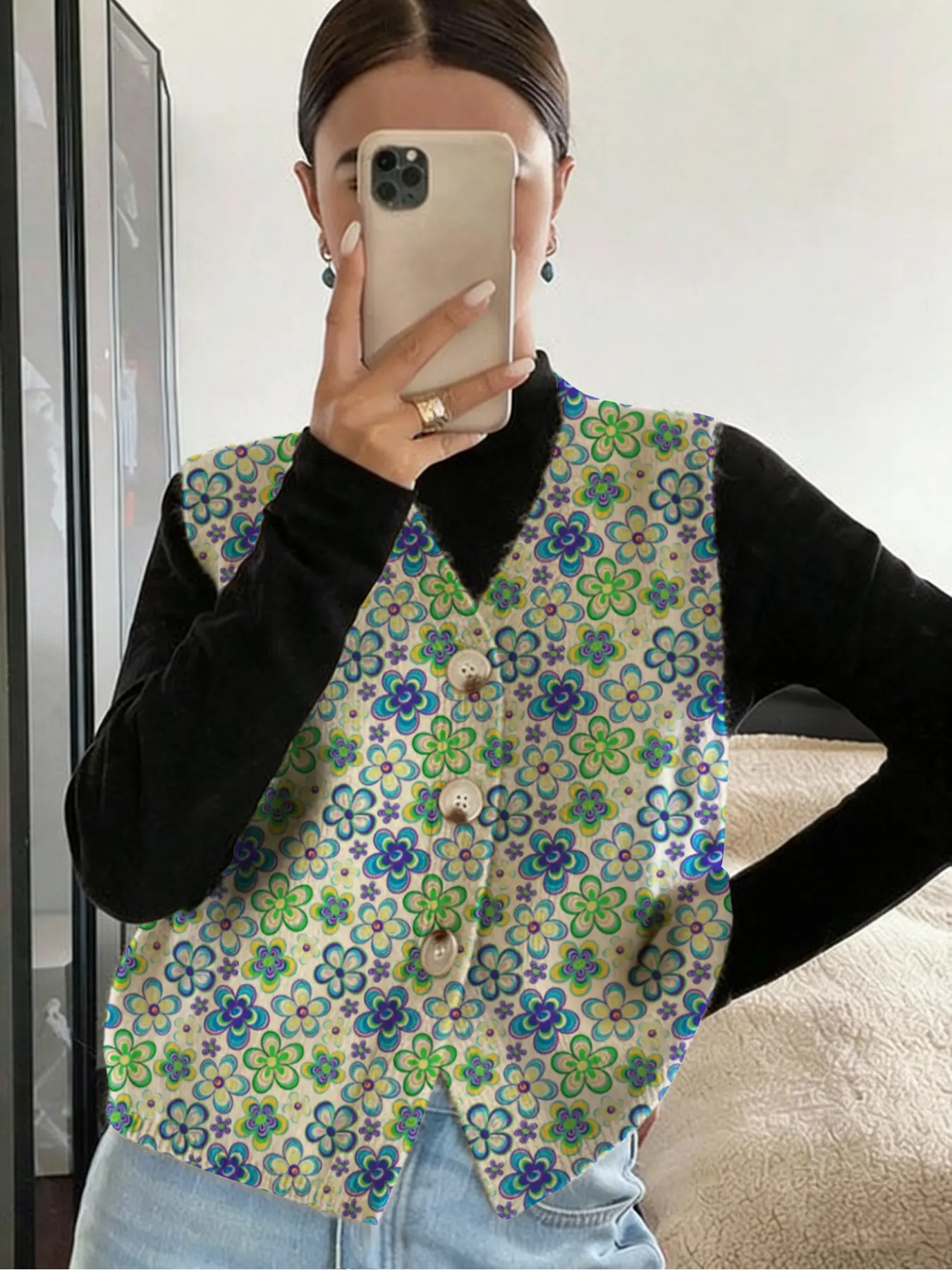 Geometric Floral Print Open Front Button Knit Sweater Vest, Casual Chic Elegant Fitted Sleeveless Cardigan for Spring Summer Fall, Women's Comfortable Warm Clothing Tops Womenswear Short