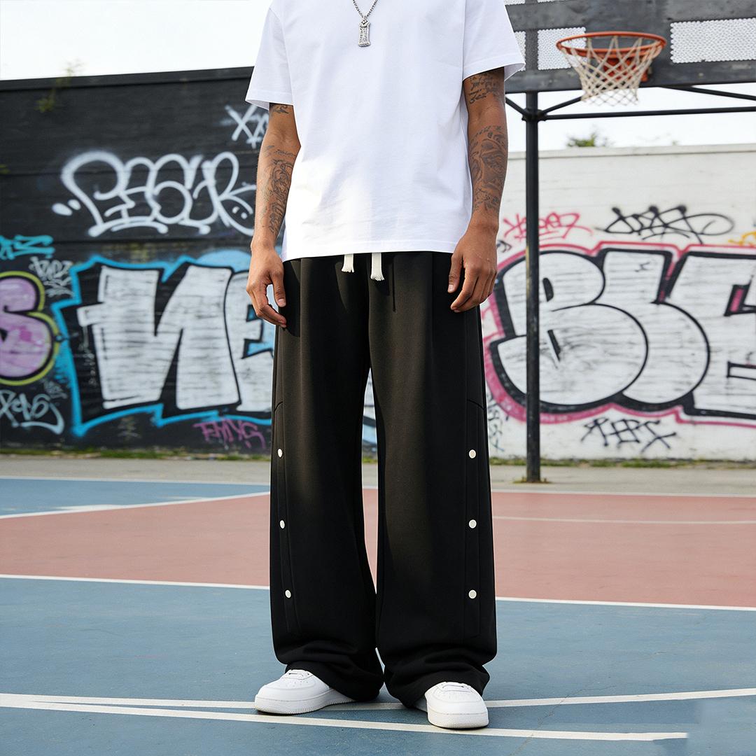 2-Pack Men’s Casual Athletic Pants with Side Button Placket, Loose Wide-Leg Street Style Straight-Leg Long Pants