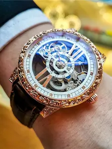 Men's Fashion Full Automatic Mechanical Analog Leather Watch, Skeleton Watches, Fashion Luminous Watch for Party, Daily Decor, Trendy All-match & Exquisite Watch for Birthday Gift with Box