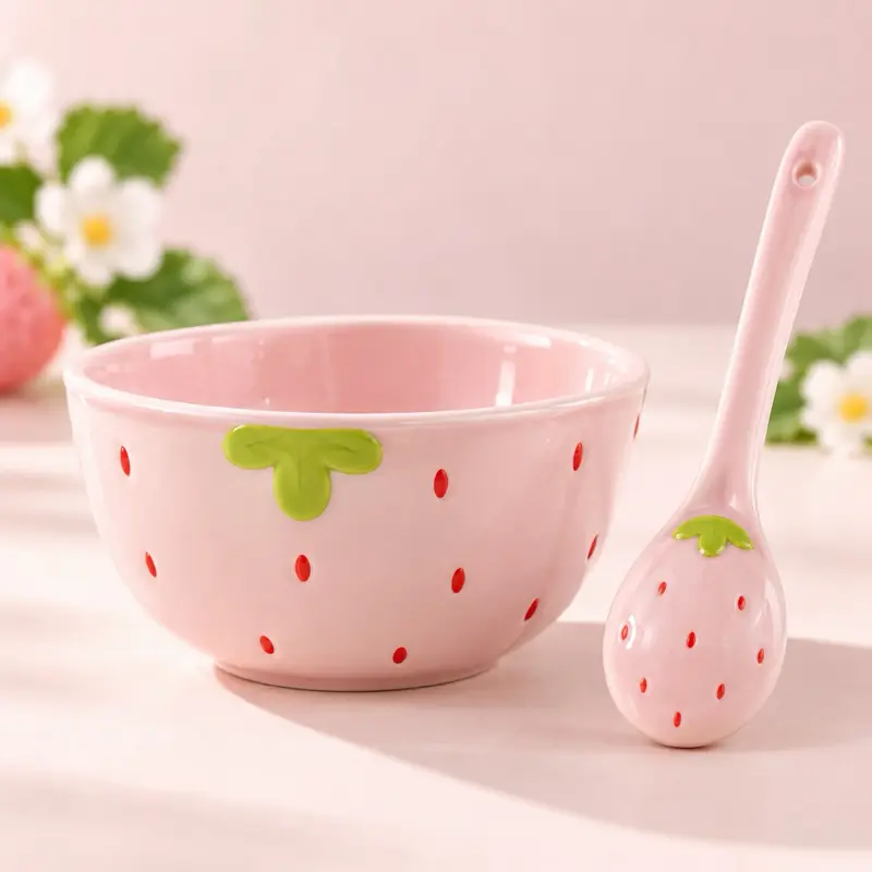 Pacific Petals Pink Strawberry Ceramic Bowl & Matching Spoon Set | Kawaii Dessert Cereal Snack Bowl | Pastel Pink Strawberry Design | Cute Kitchenware | PP-STRAWBERRY-BOWL-PINK