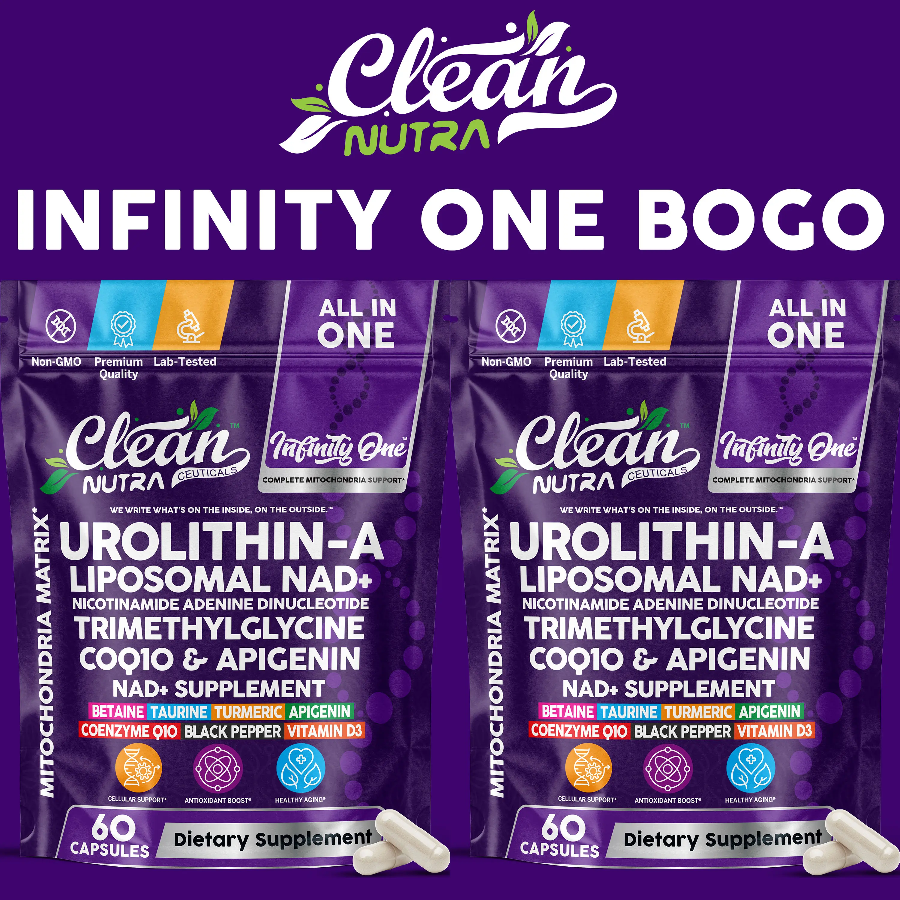BOGO Urolithin A 250mg + NAD+ Supplement – Buy 1 Get 1 Mitochondria Stack – CoQ10 Turmeric Apigenin Anti Aging Cellular Energy – Nicotinamide NAD Supplement – Clean Nutra Infinity One