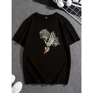 Skull Hand and Dollar Print T-Shirt, Men's Fashion Breathable Street Style, Simple Comfortable Top, Summer Casual Round Neck Short Sleeve T-Shirt, No. 1239, Round Neck, Casual Style, Loose Fit, Summer Crewneck Tshirt hannah montana 20th anniversary merch