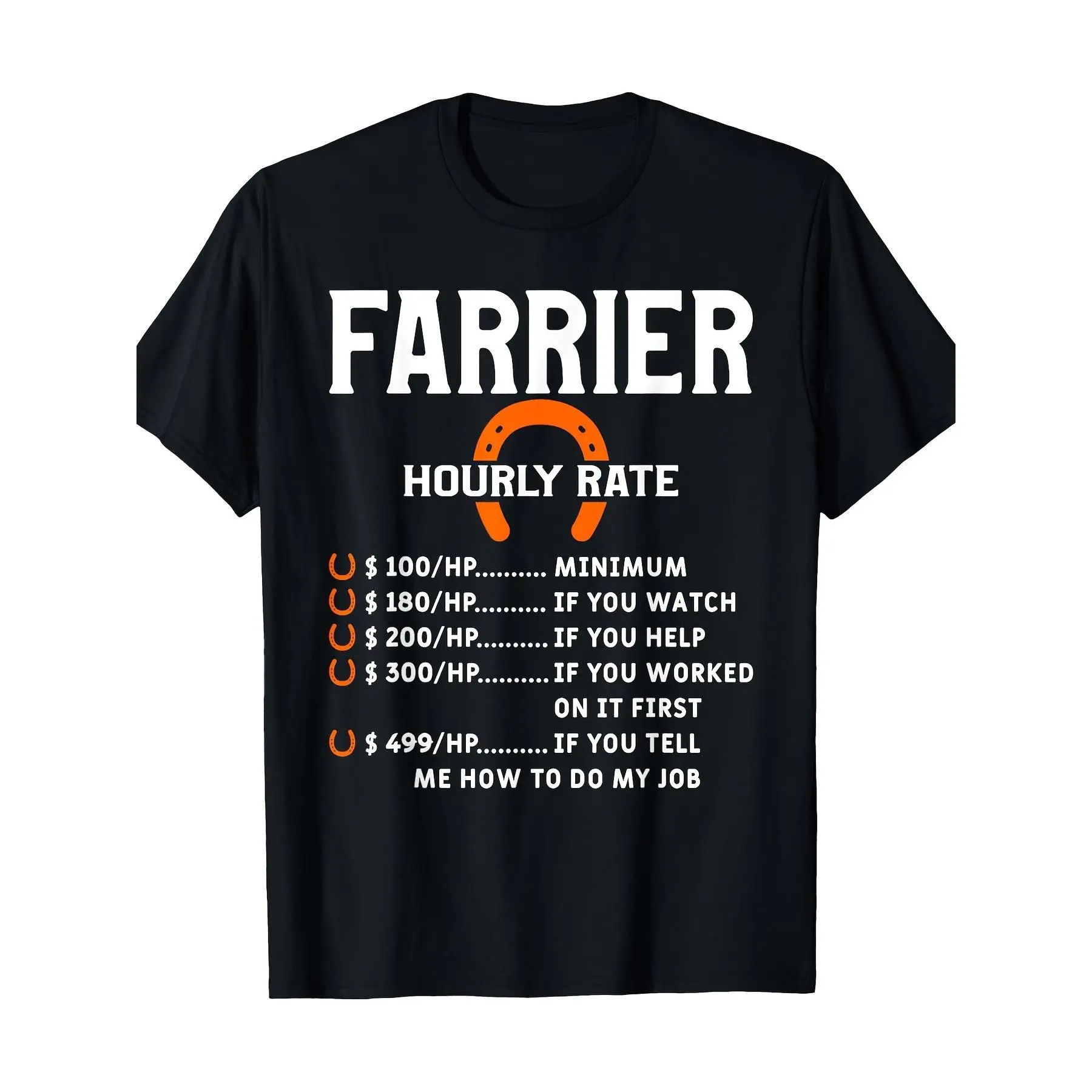 Menswear Farrier Humor "Horseshoe Rate" Black Tshirt - 100% Cotton Short-Sleeve Crewneck Top, Casual Tee for Horse Owners, Fun Graphic with Minimum Wage & Overtime Info, Shortsleeve, Round Neck