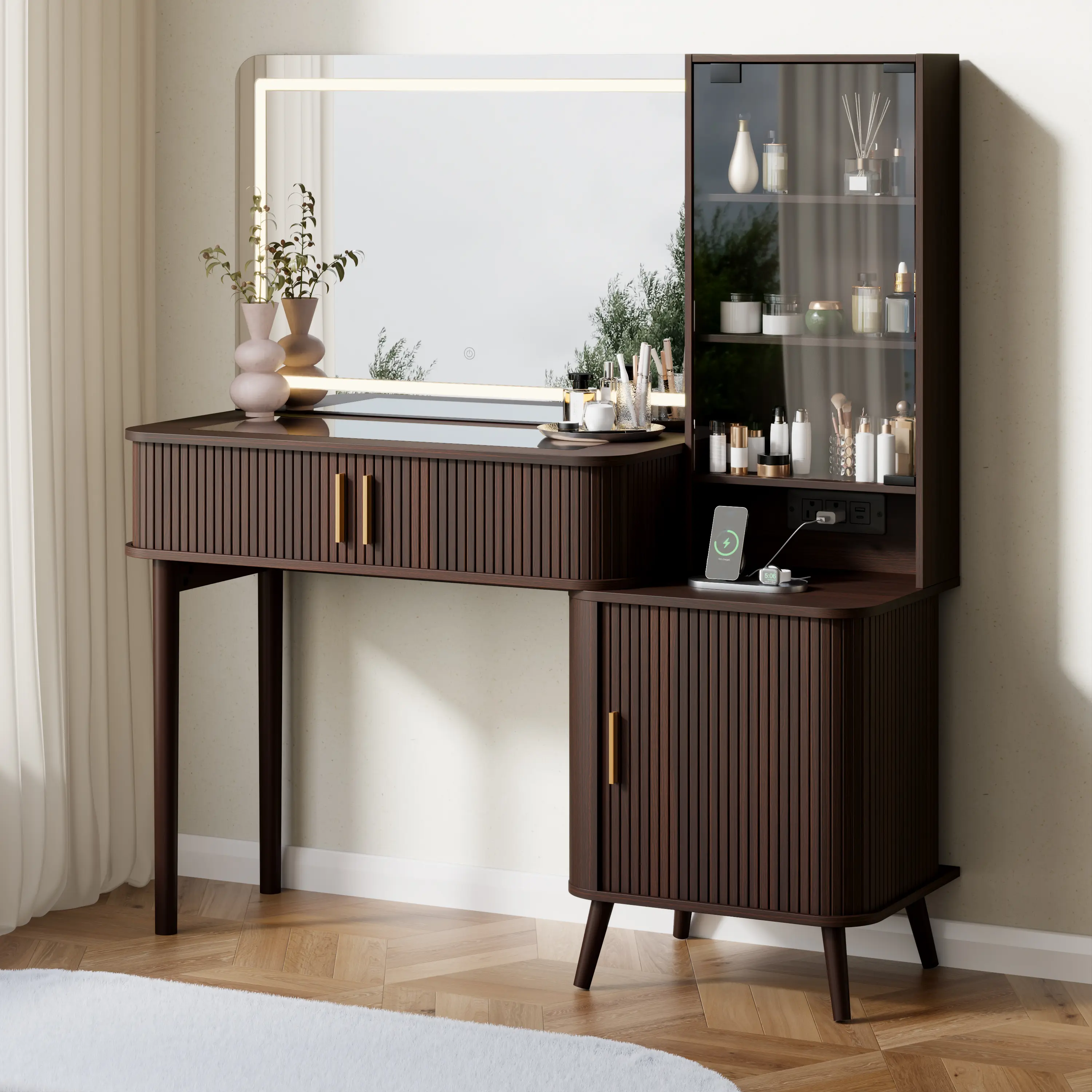 【LED lights transparent display case】DHH 51" Fluted Makeup Vanity Desk  vanity with mirror 3-Color Lighted, Mid-Century Modern Clear Glass Top Dressing Table with Charging Station, Sliding Door & Push-to-Open Cabinet