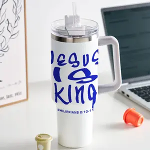 Jesus Is King Christian 40oz Tumbler with Handle – Stainless Steel Insulated Thermos Travel Cup with Lid & Straw, Faith Drinkware, Summer Cool Bottle, Gift for Christian Men & Women