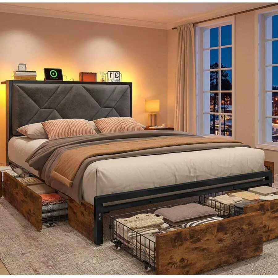 Rustic Brown Upholstered Platform Bed Frame with 6 Storage Drawers, LED Lights, Built-In Charging Station, Anti-Noise Iron Structure, 1000-lb Capacity & Mirror Arched Armoire (Fits 200 T-Shirts)