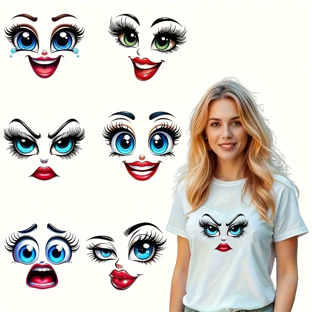 6-Piece Cartoon Face Expression Transfer Paper Set, Washable Vinyl Adhesive Stickers, Includes 6 Emotion Designs for Fabric, Clothing, Bags, Hats & DIY Crafts