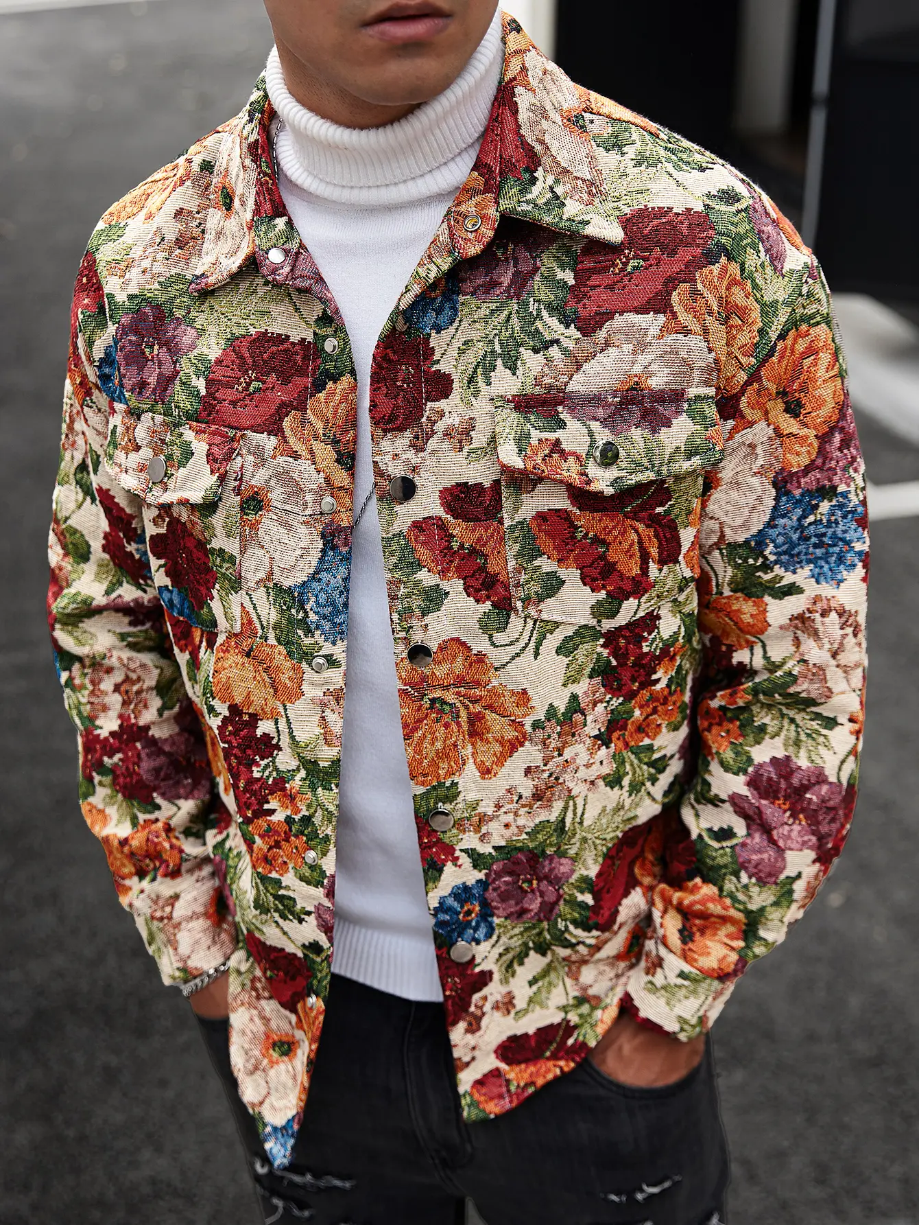 Men’s vintage floral tapestry shacket, button-up, lapel, long-sleeve overshirt, retro jacket with multiple chest pockets